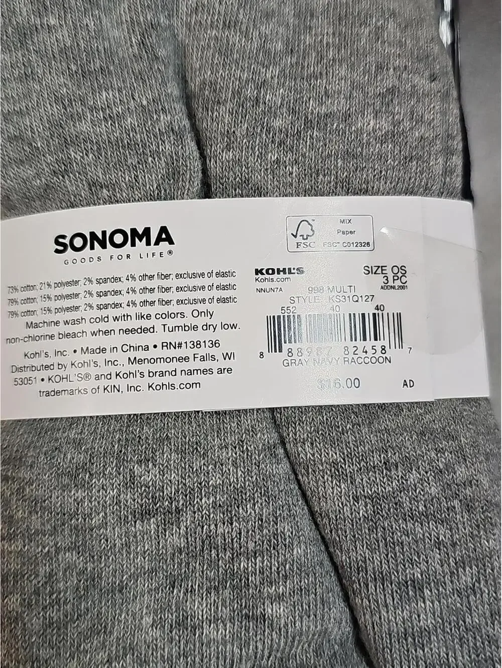 Sonoma Goods For Life 3 Pair Raccoon With Boombox & 2 Solid Crew Socks Size 8-13
